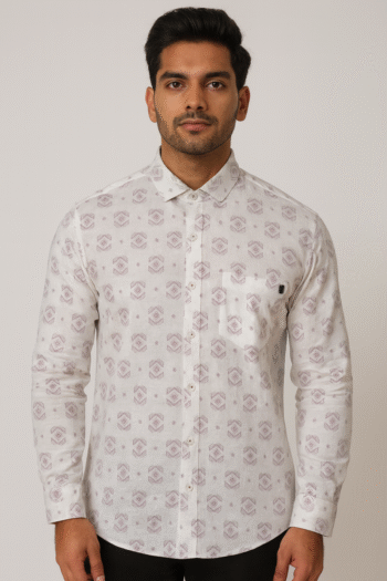 Men’s White Printed Cotton Shirt with Subtle Geometric Pattern
