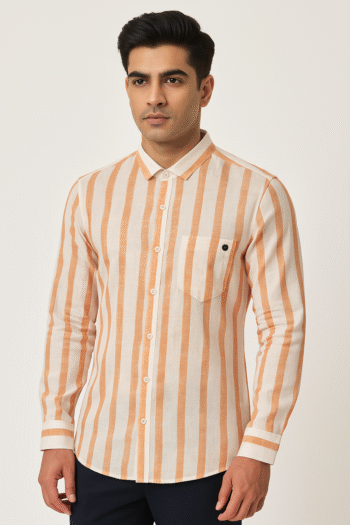 Men’s Orange & White Striped Cotton Casual Shirt