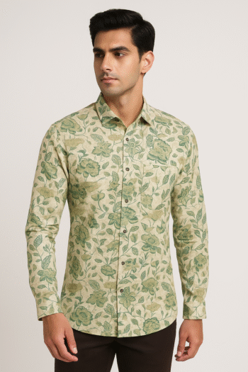 Men’s Beige Floral Printed Cotton Shirt