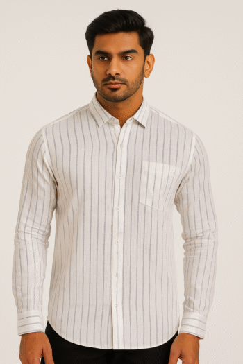 Men’s White Striped Cotton Linen Shirt