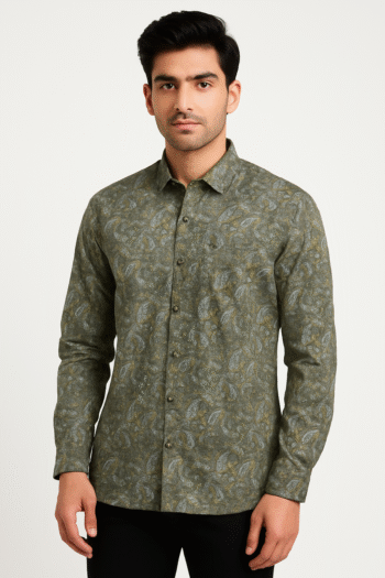 Men’s Olive Green Paisley Printed Casual Shirt