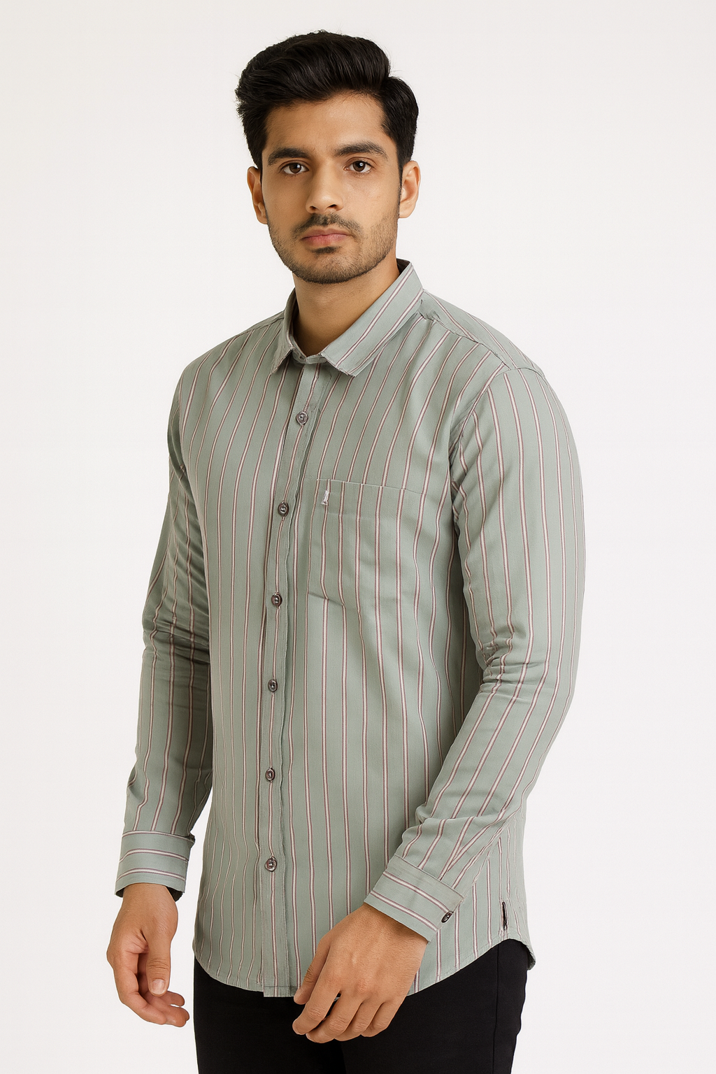 Men’s Sage Green Vertical Striped Casual Shirt