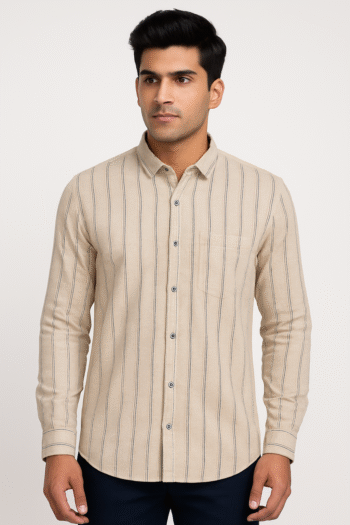 Men’s Beige Vertical Striped Casual Shirt