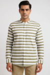 Men’s Olive & White Horizontal Striped Mandarin Collar Shirt
