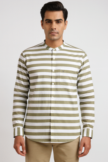 Men’s Olive & White Horizontal Striped Mandarin Collar Shirt