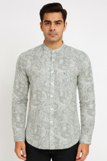 Men’s Sage Green Paisley Printed Mandarin Collar Shirt