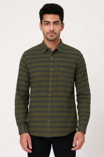 Men’s Olive Green & Black Striped Slim Fit Casual Shirt
