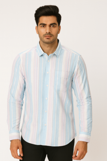 Men’s Pastel Blue Multicolor Striped Casual Slim-Fit Shirt