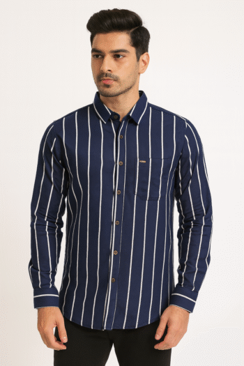 Men’s Navy Blue Vertical Striped Slim-Fit Casual Shirt