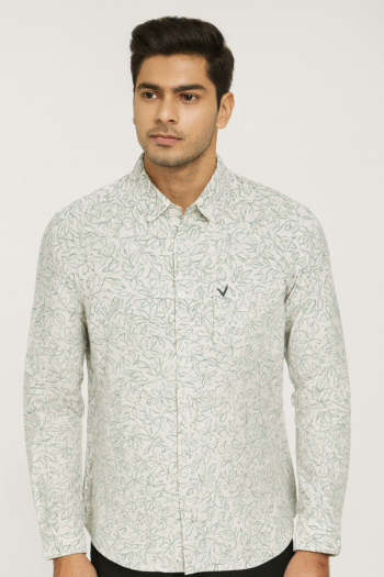 Men’s Light Green Floral Printed Slim-Fit Casual Shirt