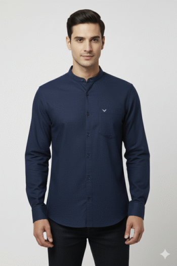 Men’s Navy Blue Mandarin Collar Cotton Shirt