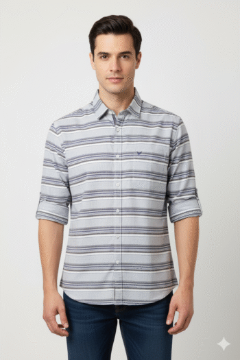 Men’s Grey and Navy Horizontal Striped Cotton Casual Shirt
