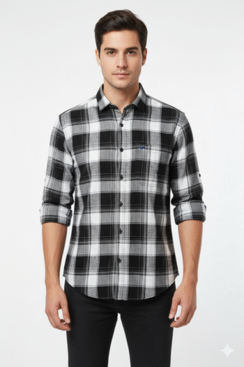 Men’s Black & White Checked Cotton Casual Shirt
