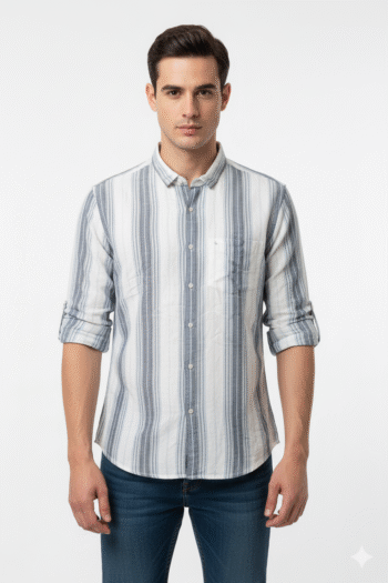 Men’s Blue & White Vertical Striped Casual Shirt