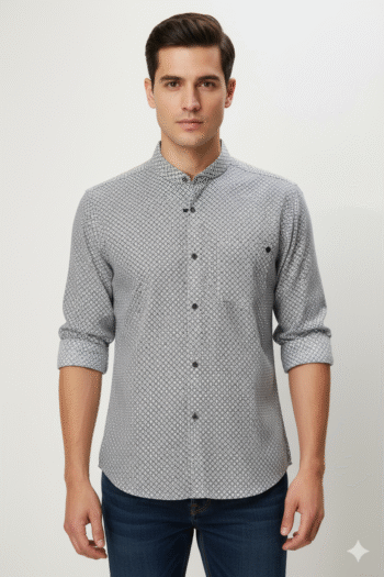 Men’s Black & White Printed Mandarin Collar Cotton Shirt