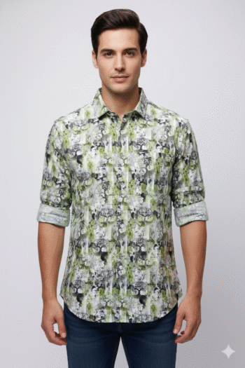 Men’s Green & Black Abstract Print Slim Fit Cotton Shirt