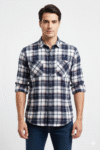 Men’s Navy Blue & White Checked Flannel Cotton Casual Shirt