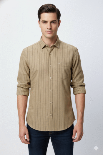 Men’s Beige Textured Striped Cotton Casual Shirt