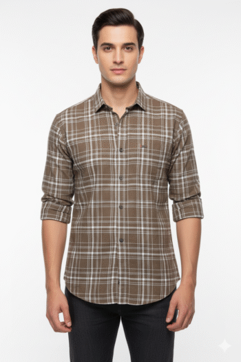 Men’s Brown & White Checked Casual Cotton Shirt
