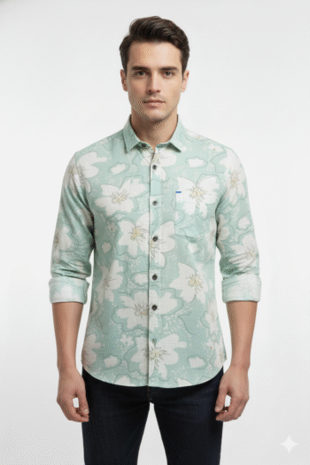 Men’s Slim Fit Mint Green Floral Printed Cotton Shirt