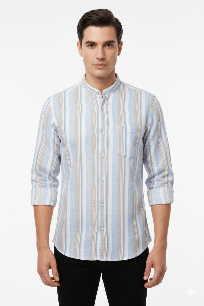 Men’s Mandarin Collar Striped Casual Shirt