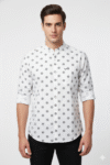 Men’s White Printed Mandarin Collar Cotton Shirt
