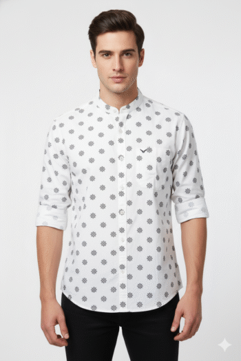Men’s White Printed Mandarin Collar Cotton Shirt