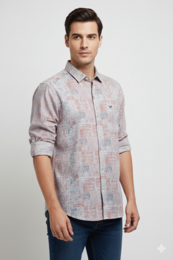Men’s Printed Casual Cotton Shirt in Rust and Grey Tones