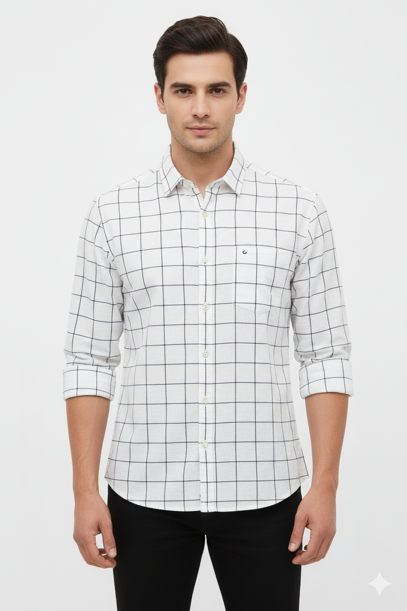 White Cotton Checked Casual Shirt for Men