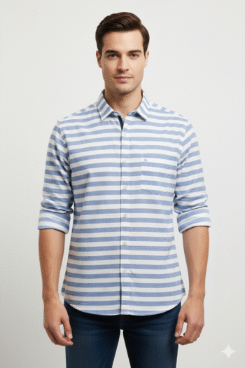 Men’s Blue & White Horizontal Striped Cotton Shirt