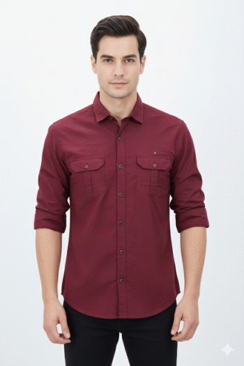 Men’s Maroon Dual Pocket Cotton Casual Shirt