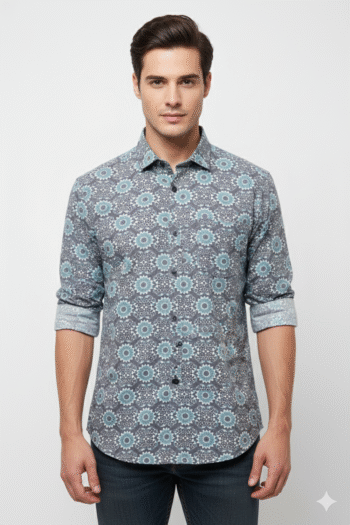 Men’s Blue Geometric Floral Printed Cotton Shirt