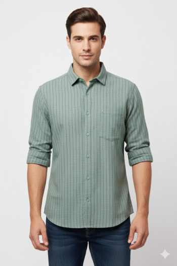 Men’s Sage Green Textured Stripe Slim Fit Cotton Shirt