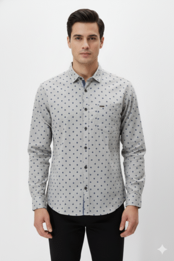 Men’s Light Grey Micro-Printed Slim-Fit Casual Shirt