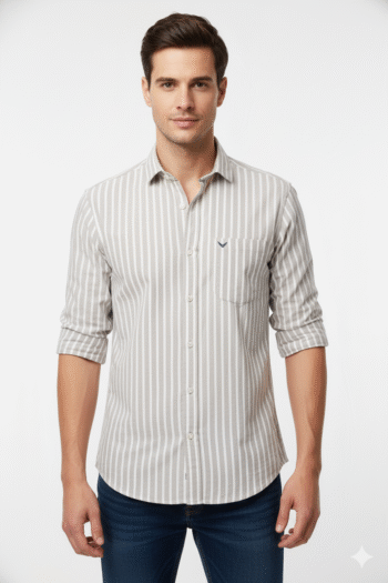 Men’s Beige & White Striped Slim Fit Cotton Shirt