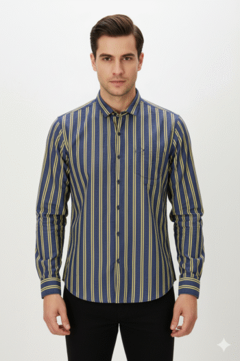 Men’s Navy Blue & Yellow Striped Cotton Shirt