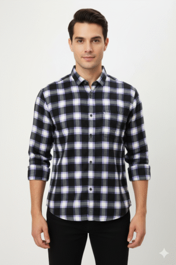 Men’s Black & Purple Checkered Casual Shirt – Cotton Blend, Full Sleeves with Pocket
