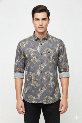 Men’s Grey Premium Floral Printed Casual Shirt