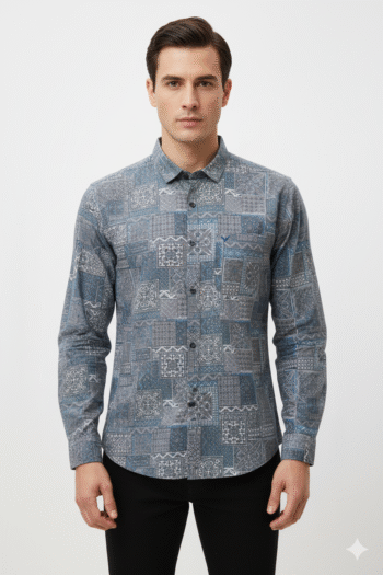 Men’s Blue Geometric Printed Cotton Shirt