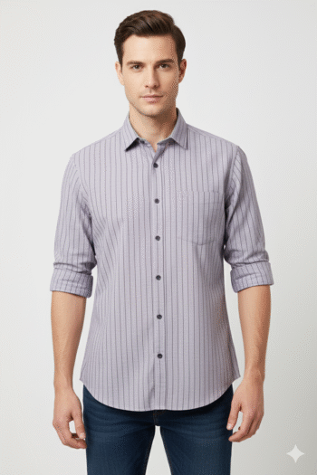 Men’s Light Lavender Striped Cotton Casual Shirt