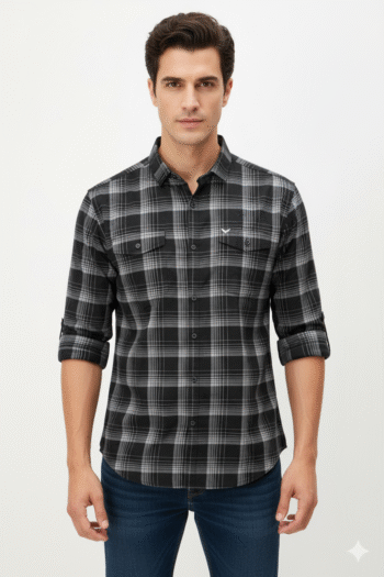 Men’s Black and Grey Checked Cotton Casual Shirt
