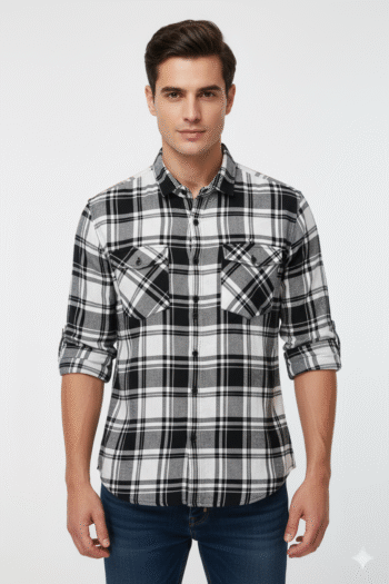 Men’s Black & White Checkered Slim Fit Cotton Casual Shirt