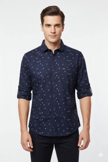 Men’s Navy Blue Printed Cotton Casual Shirt