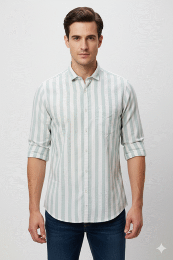 Men’s Mint Green & White Vertical Striped Cotton Shirt