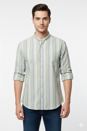 Men’s Green & White Striped Mandarin Collar Shirt