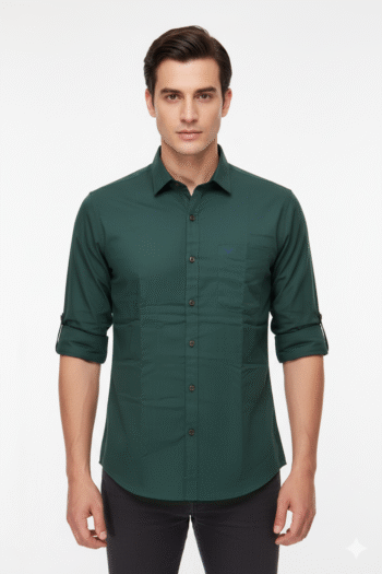Men’s Classic Slim-Fit Casual Shirt – Forest Green | Full Sleeves with Roll-Up Tabs