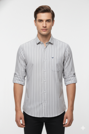 Men’s Grey & White Vertical Striped Cotton Casual Shirt