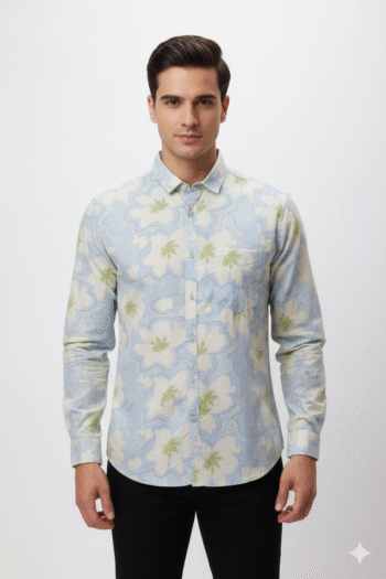Men’s Light Blue Floral Printed Cotton Shirt