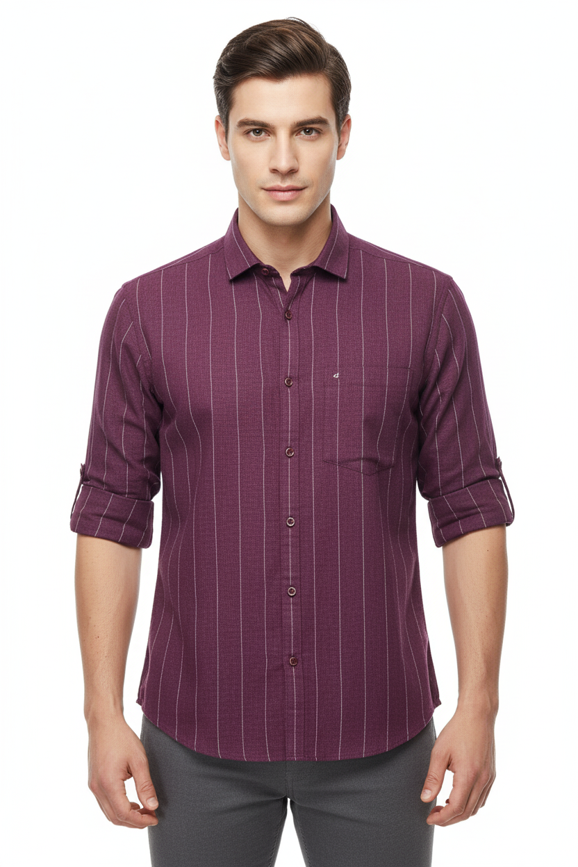 Men’s Maroon Vertical Striped Cotton Shirt