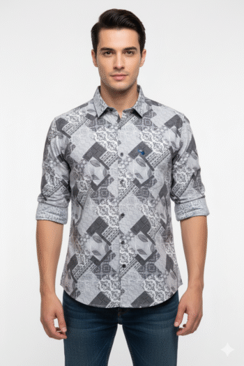 Men’s Grey Geometric Print Cotton Shirt